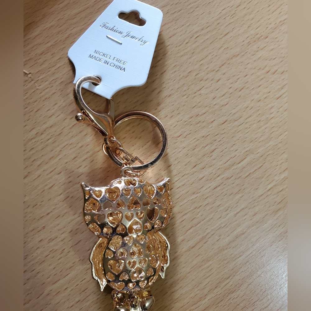 Owl Turquoise Rhinestone Studded Keychain - Picture 3 of 4